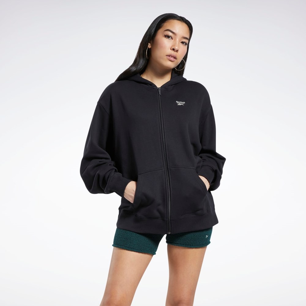 Reebok Classics Oversized Long Zip-Up Hoodie Mustat | NKTEDJ-458