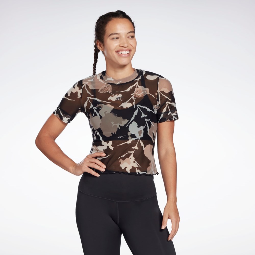 Reebok MYT Allover Print Mesh T-Shirt Mustat | FTXSLM-035